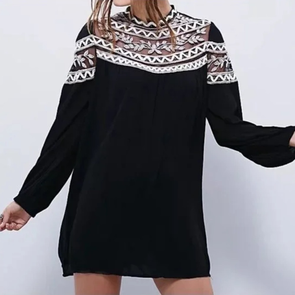 Free People Percy Long Sleeve Embroidered Swing Mini Dress Black Boho Hippie L